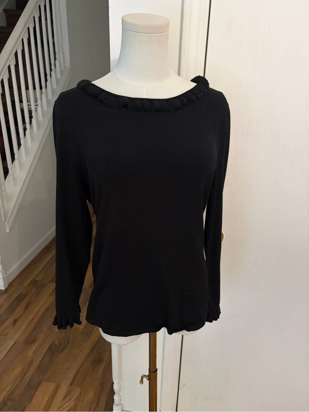 GORG Black Silk Sweater Beaded Ruffle Collar / Cuffs, Small, Like New